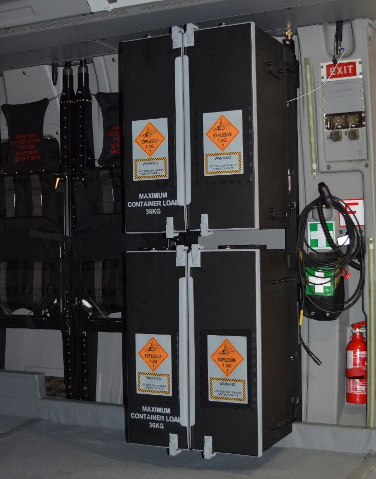 Two AMCE Stowage Containers stacked in the MRH90 cabin