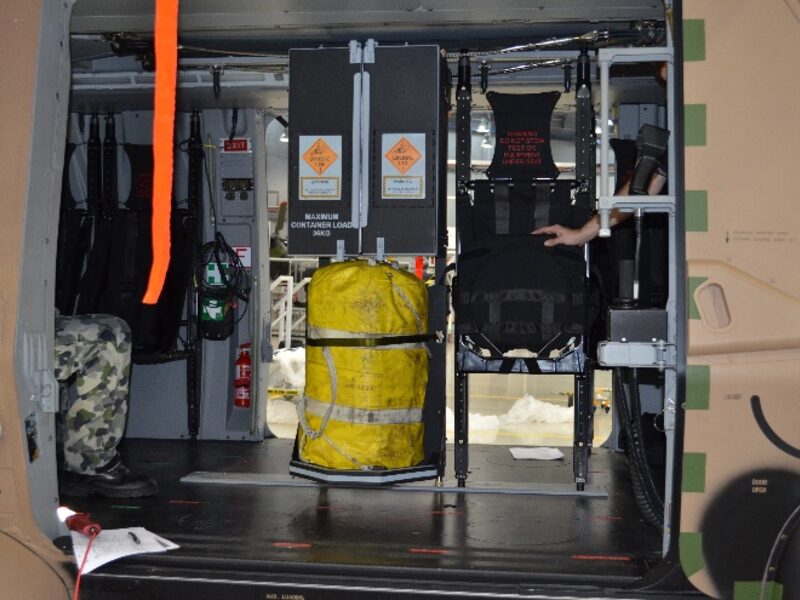 MRH90 main cabin fitted with the AMCE pyrotechnics container and life raft stowage